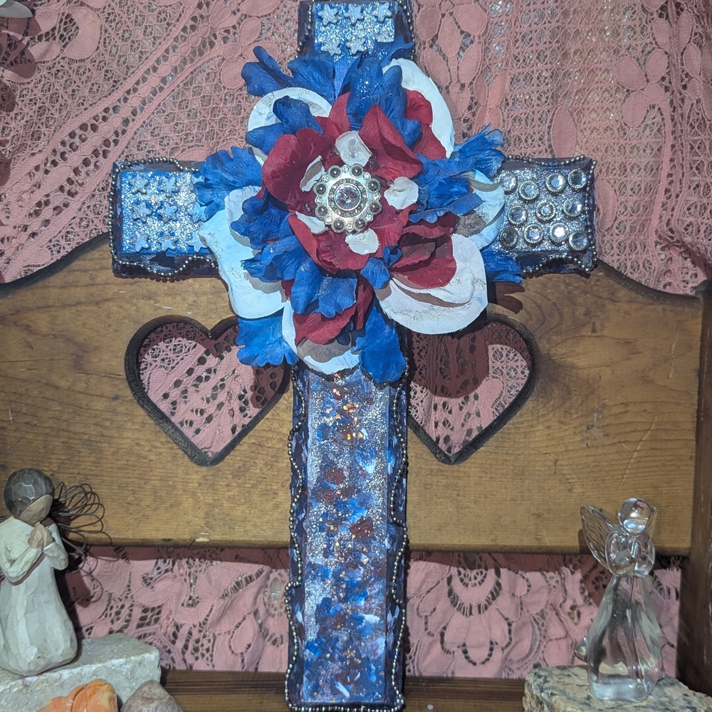 Decorative Blue, Red & White Floral Wall Cross